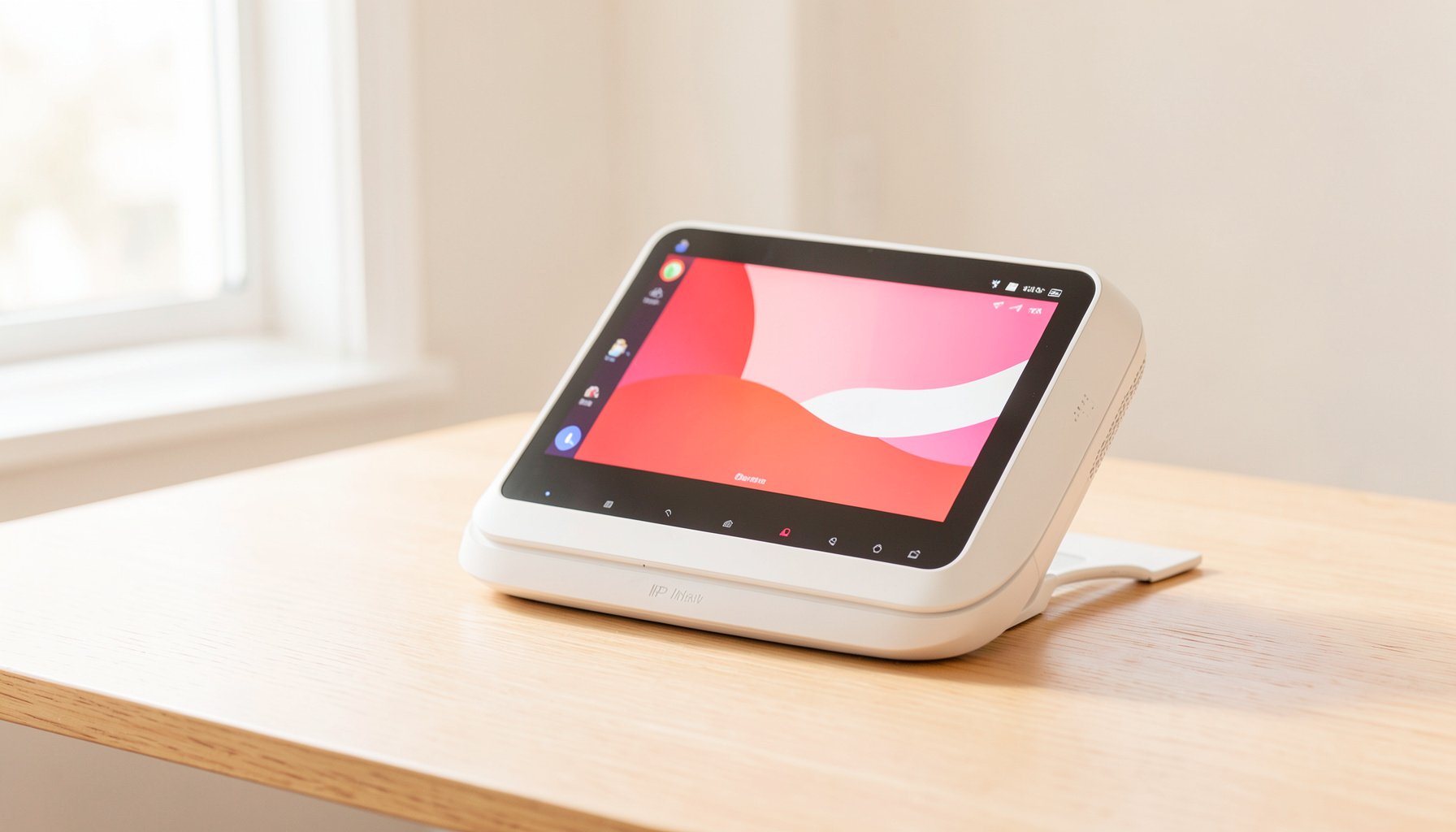 A bright, airy photograph of a modern desktop IP video phone with a color touchscreen on a clean wooden desk, soft natural light from a nearby window, warm neutral tones